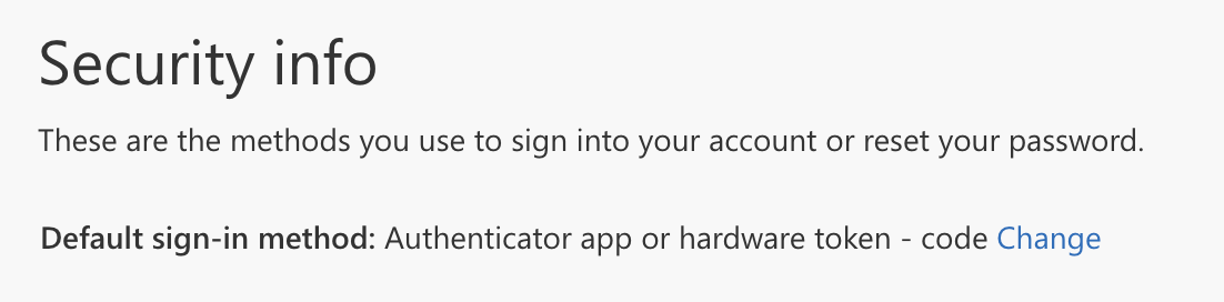 The Security info page with the Change button highlighted next to the default sign-in method.