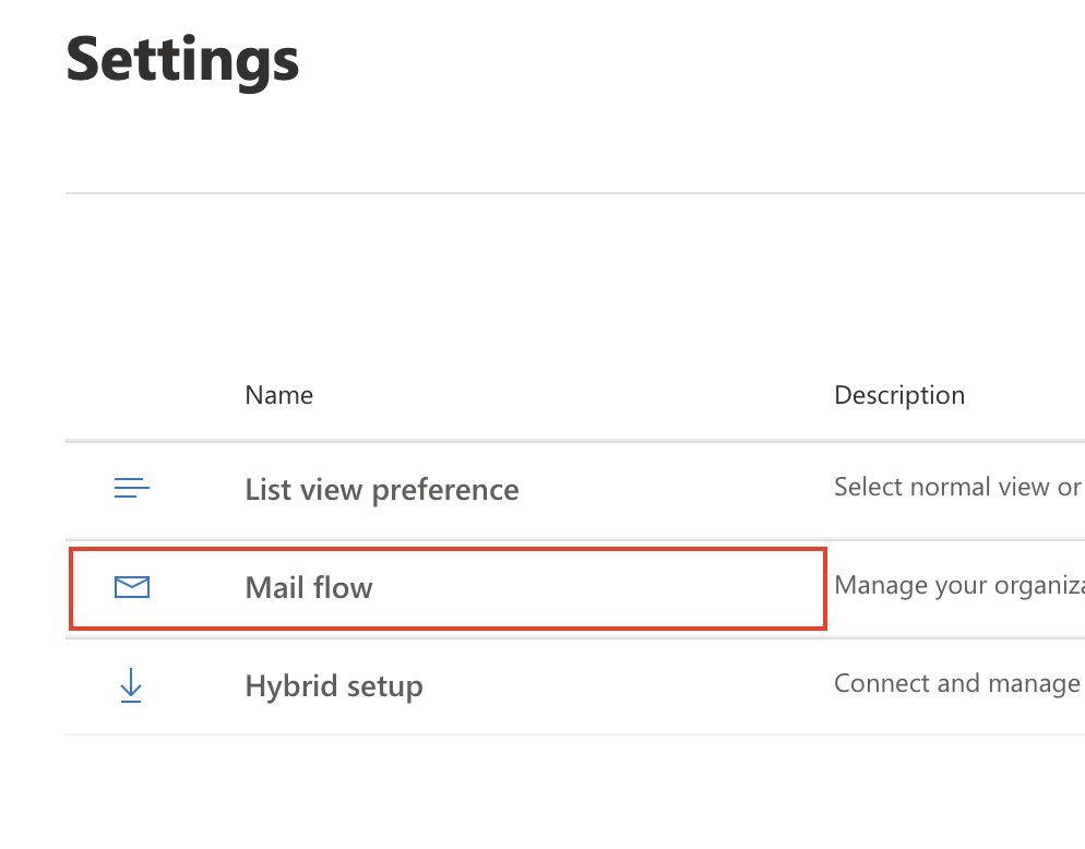The Settings page with the Mail flow button highlighted.