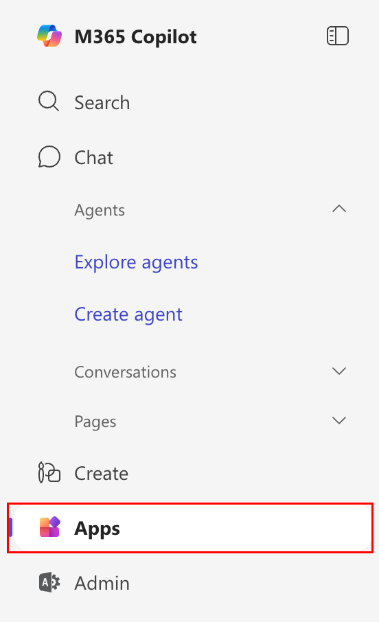 The menu on the leftmost side of the M365 Copilot page.