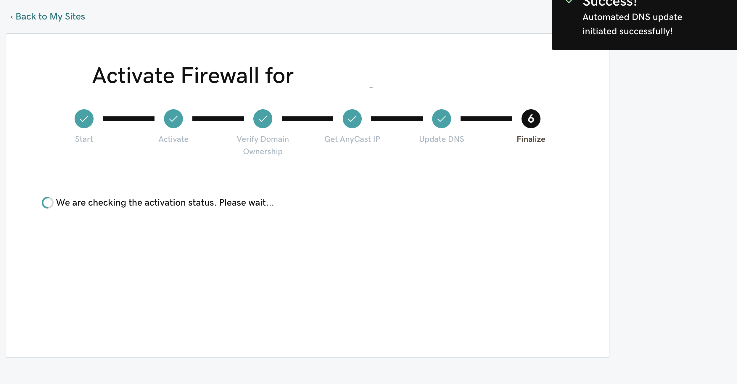 The firewall setup wizard with a successful message.