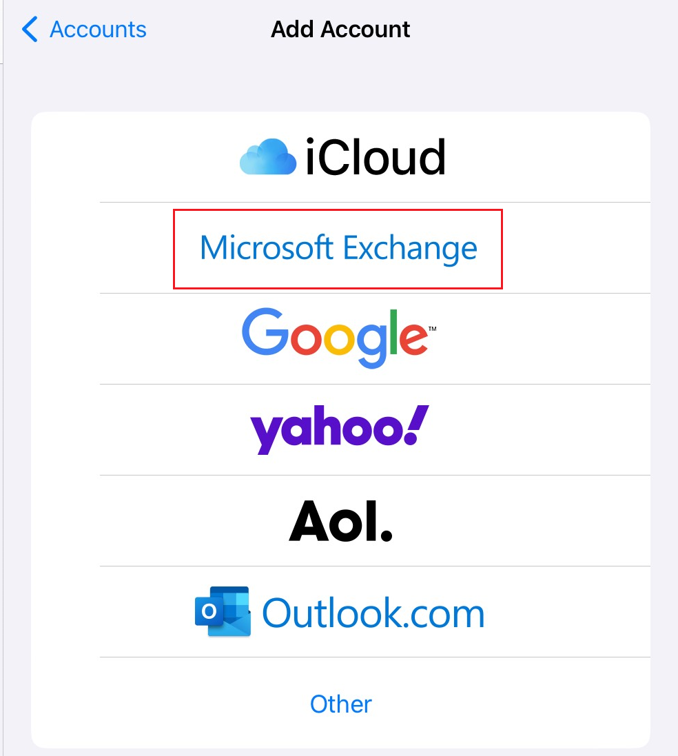 Toca Microsoft Exchange en el menú