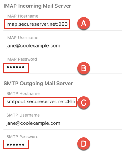 IMAP と SMTP のサーバーとポートの設定内容を入力