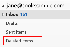 The folder list in Outlook with the Deleted Items folder highlighted.