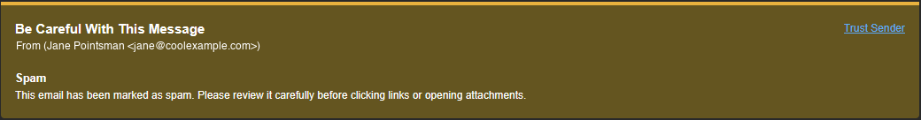 An example of a banner for an email marked as spam.