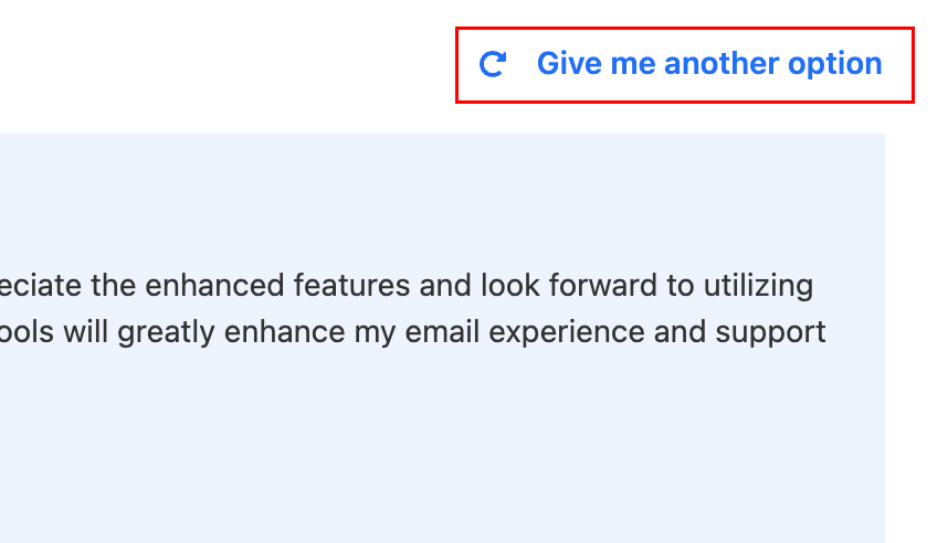 An example of a reply generated by Smart Write with the Give me another option button highlighted.