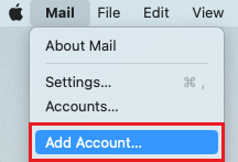 No menu Mail, Add Account