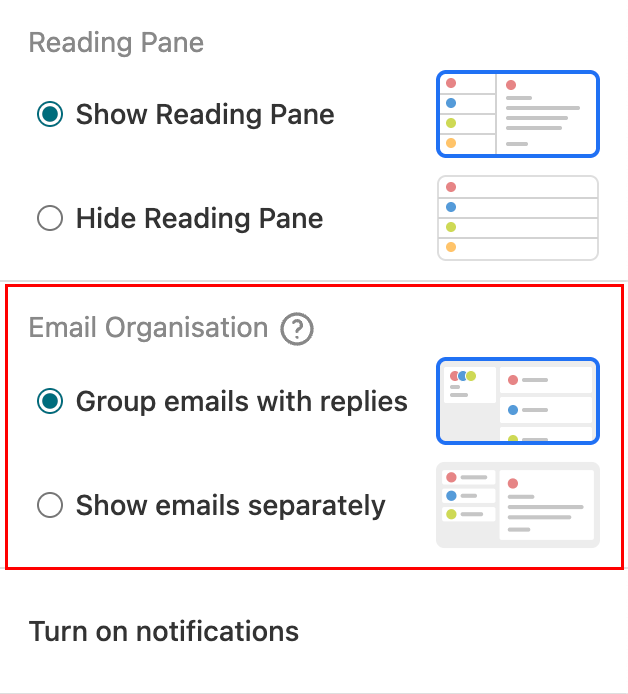 The Settings menu with the Email Organisation section highlighted.