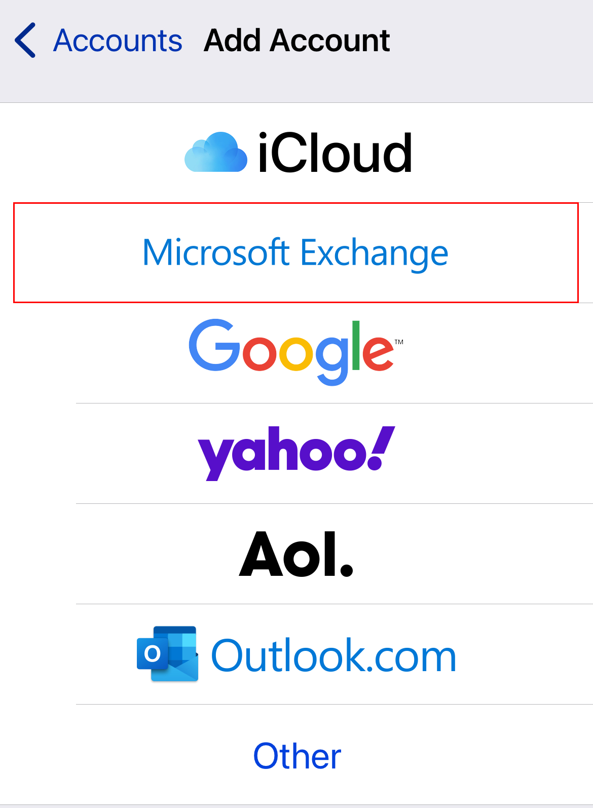 Microsoft Exchange highlighted on the list of account types.