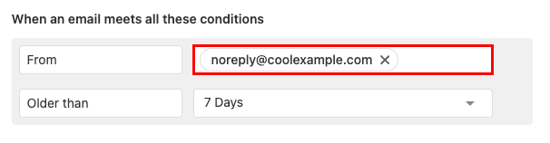 The 'When an email meets all these conditions' section with an example sender address entered.