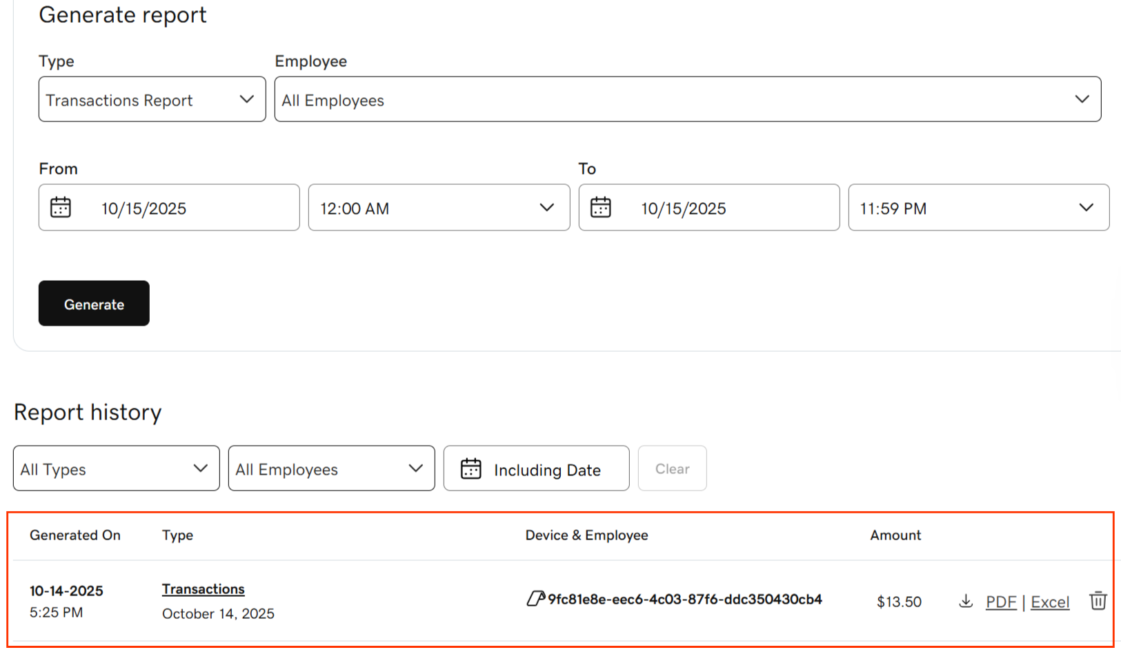Example list of generated reports