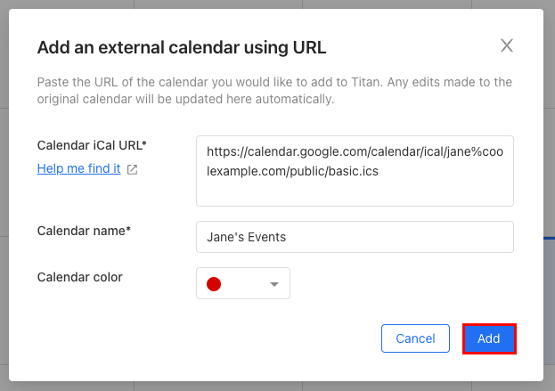 The Add an external calendar using URL modal with examples in each field.