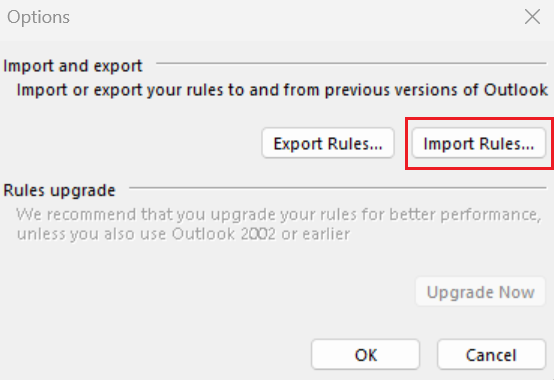 The Options modal with the Import Rules button highlighted.