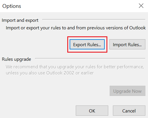 The Options modal with the Export Rules button highlighted.