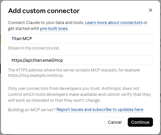 The custom connector modal open with the Titan information entered.