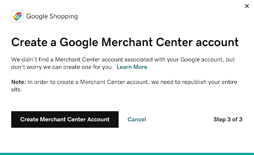 Screenshot showing the Create Merchant Center Account button.