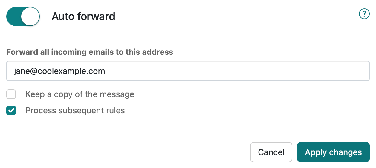 The Auto forward modal with an example email address entered.