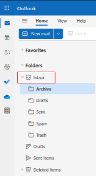 Outlook with the Inbox folder highlighted and expanded to show the Sent folder.