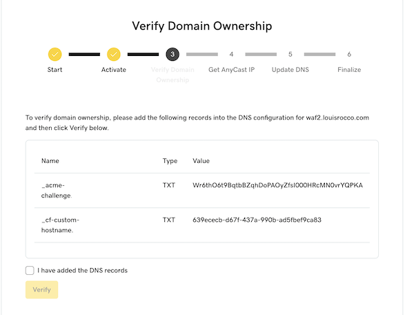The second step in the firewall setup wizard that provides the two TXT records required for domain ownership verification.