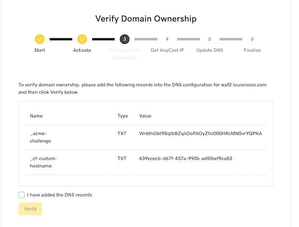 Der zweite Schritt im Firewall-Einrichtungsassistenten, der die beiden für die Prüfung der Domain-Inhaberschaft erforderlichen TXT-Records bereitstellt.