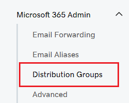 Selecciona Grupos de distribución en el menú Admin de Microsoft 365