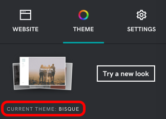 Screenshot of where to find your current theme name in the Theme menu. It's near Try a new look.
