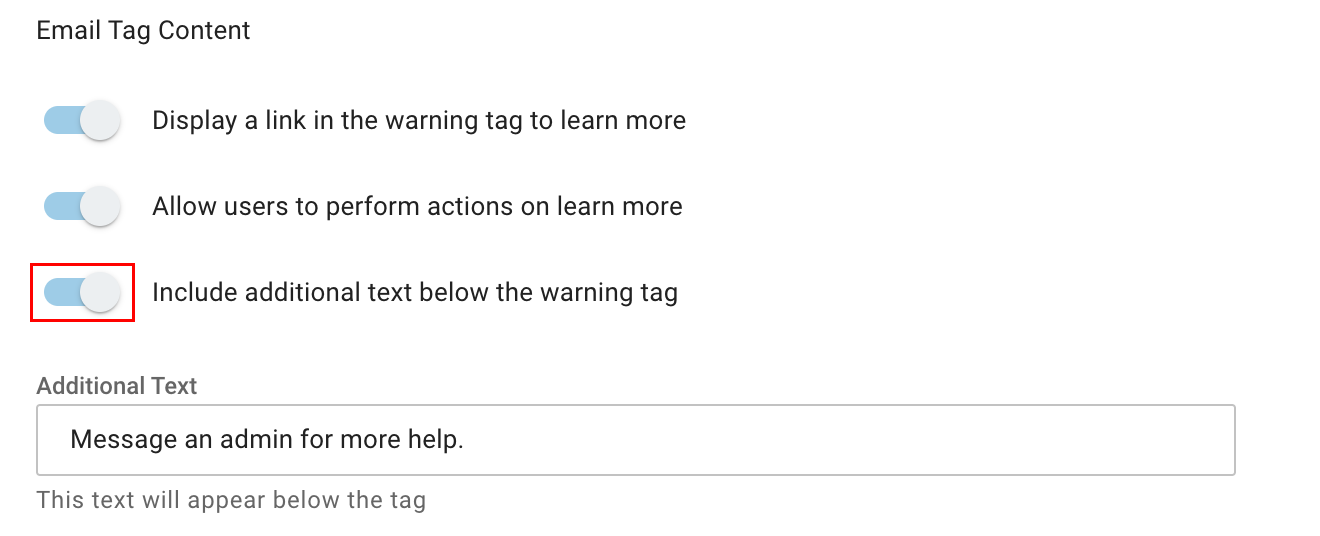 The Include additional text below the warning tag toggle highlighted.