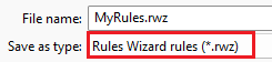 The Rules Wizard rules option selected for Save as type.