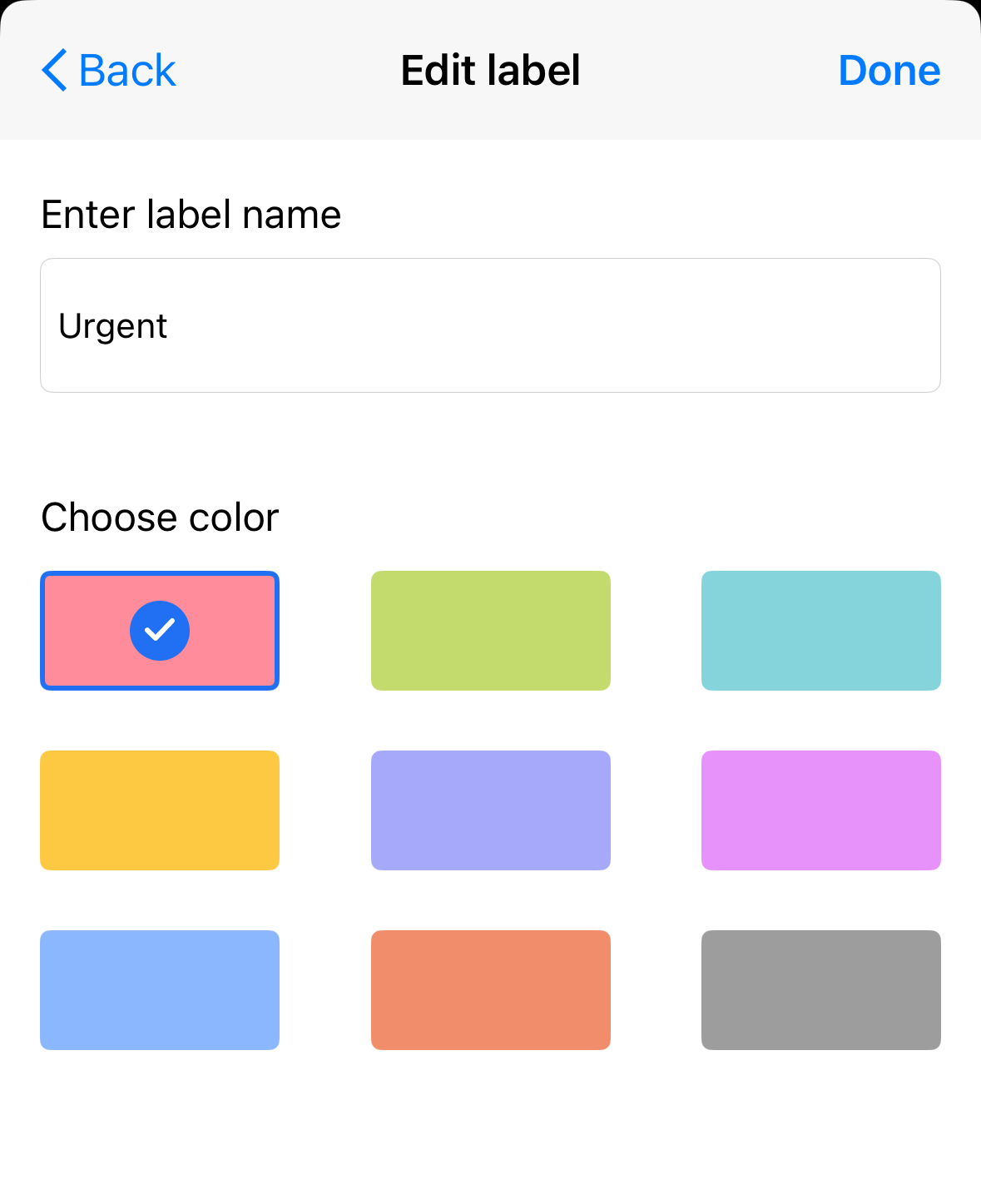 Menu Edit label akan terbuka dengan nama dan warna contoh yang dipilih.