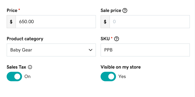 Un ejemplo de la página de detalles del producto que muestra el botón Impuesto sobre las ventas.