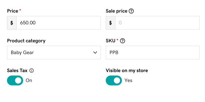 Um exemplo da página de detalhes do produto mostrando a alternância do imposto sobre vendas.