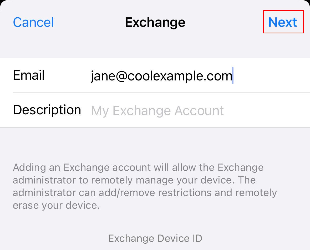 An example email address entered with the Next button highlighted.