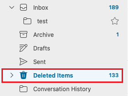 The folder list in Outlook with the Deleted Items folder highlighted.