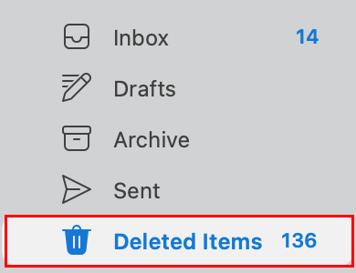 The folder list in Outlook with the Deleted Items folder highlighted.