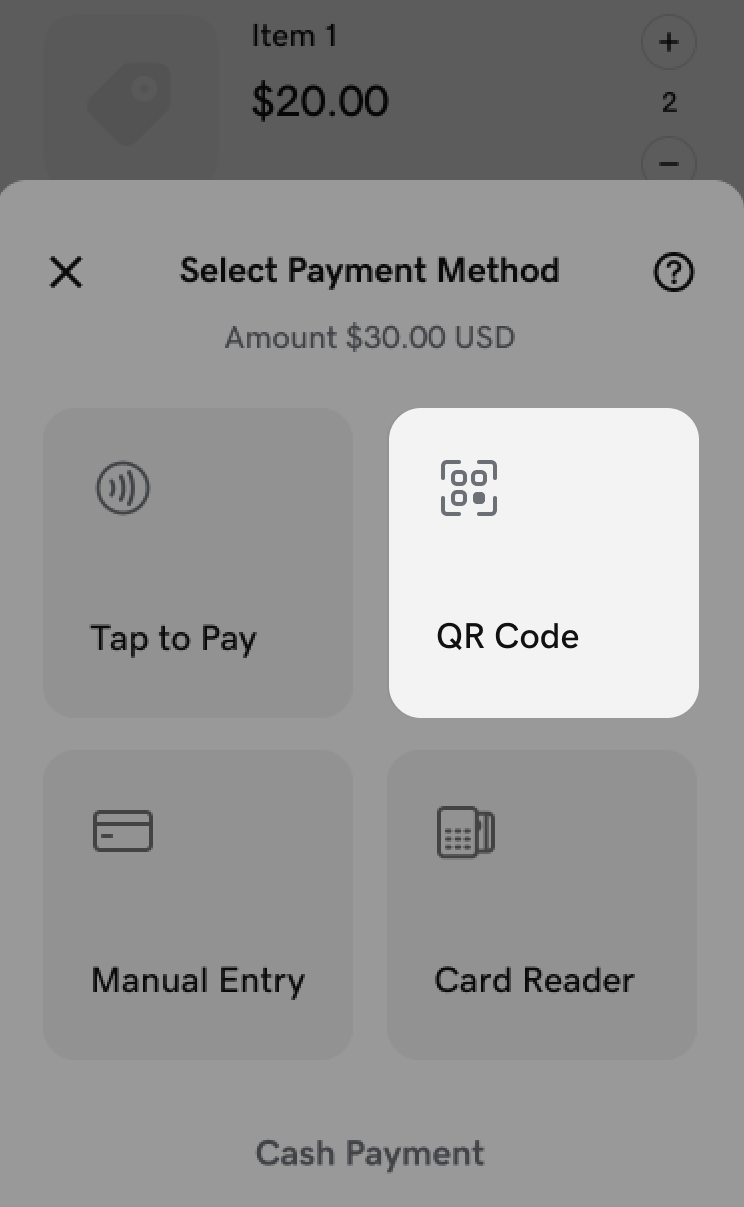 Payment method selection menu with the QR Code option highlighted
