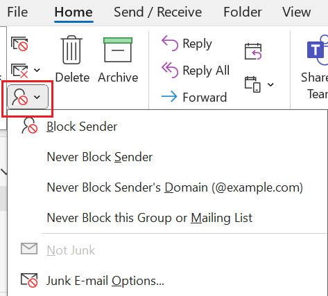 Select Junk and then Block Sender