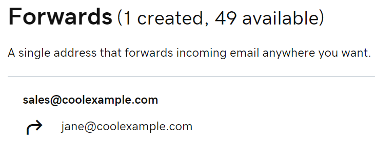 Forwarding email address sales@coolexample.com with arrow pointing to jane@coolexample.com