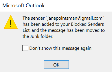 Confirm blocked sender by selecting ok