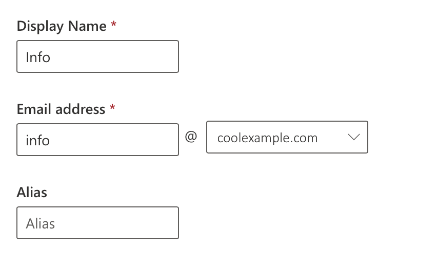 display name, email address, domain, and alias fields