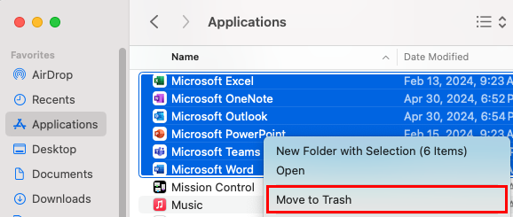 The Office apps selected in the Applications folder with the Move to Trash button highlighted on a Mac.