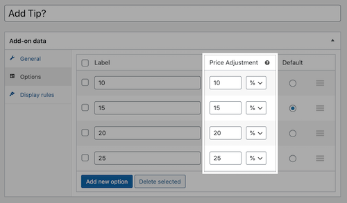 Price adjustment on the options tab
