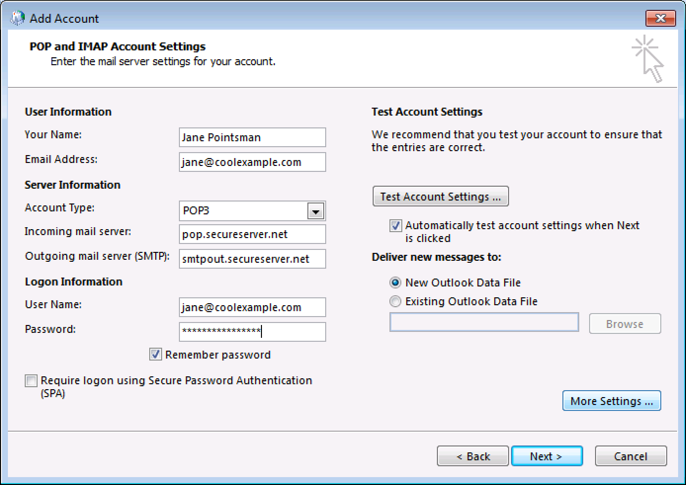 email account settings for outlook