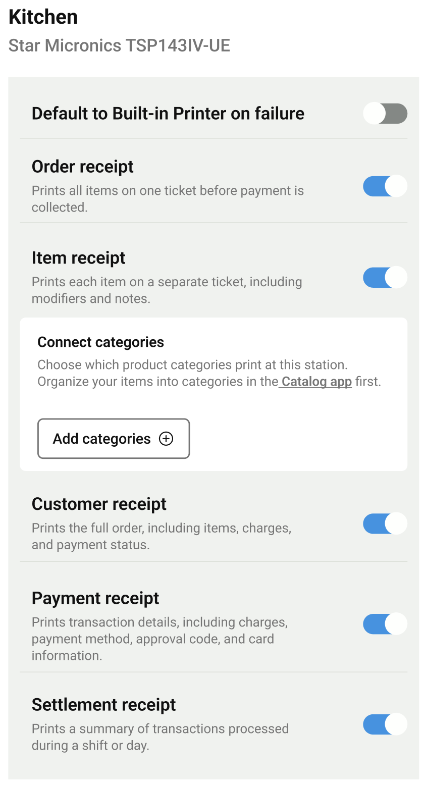 On-device receipt printer settings
