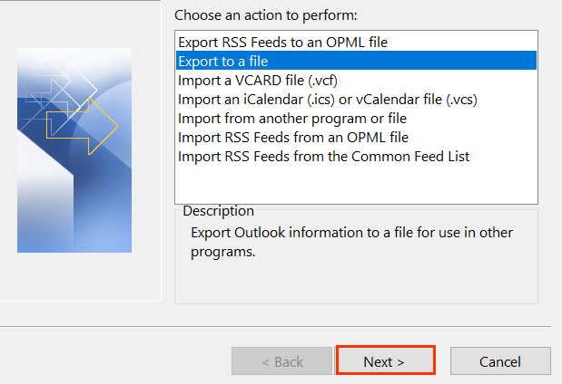 Klicken Sie unter Wählen Sie eine Aktion aus auf Export to a file (In eine Datei exportieren)
