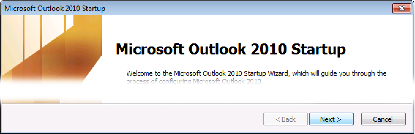 Outlook 2010 welcome screen, click Next