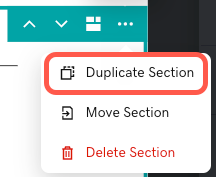 Captura de ecrã do ícone da secção duplicada no menu de definições da secção