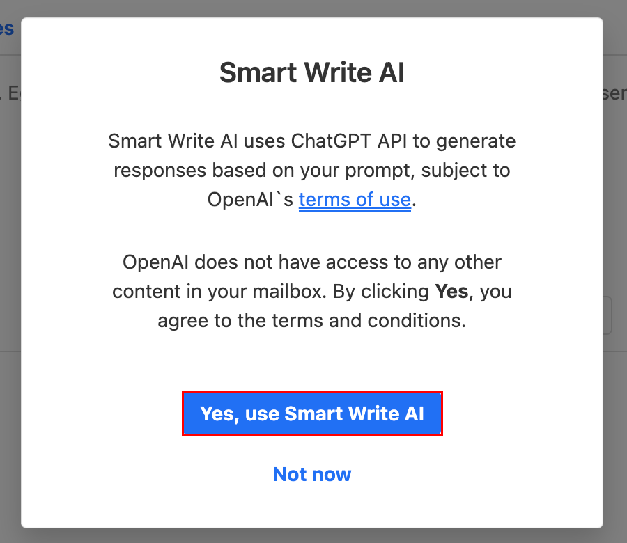 The Smart Write AI modal with the Yes, use Smart Write AI button highlighted.