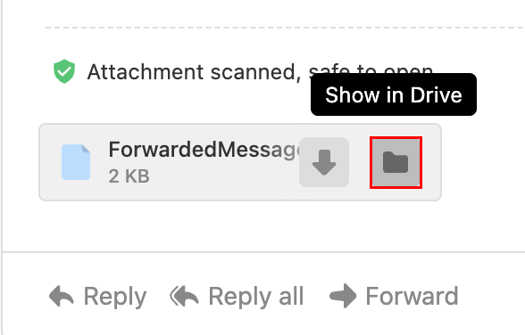 The Show in Drive button highlighted next to an attachment.