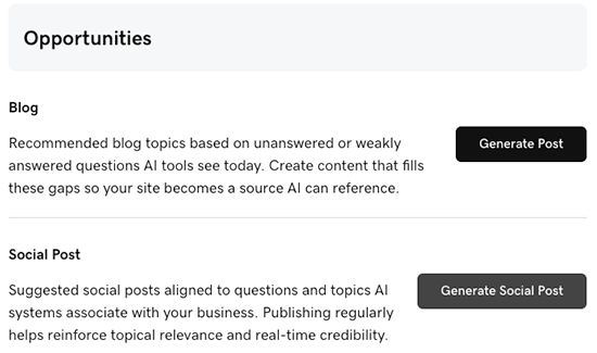 Opportunities section for AI visibility tool Digital Marketing