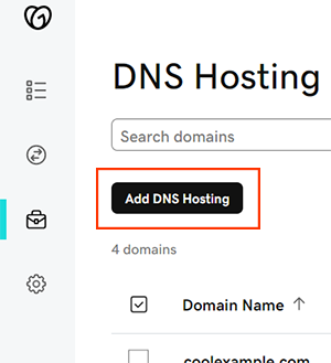 captura de ecrã do botão para adicionar alojamento DNS