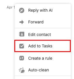 The More actions menu open with the Add to Tasks button highlighted.